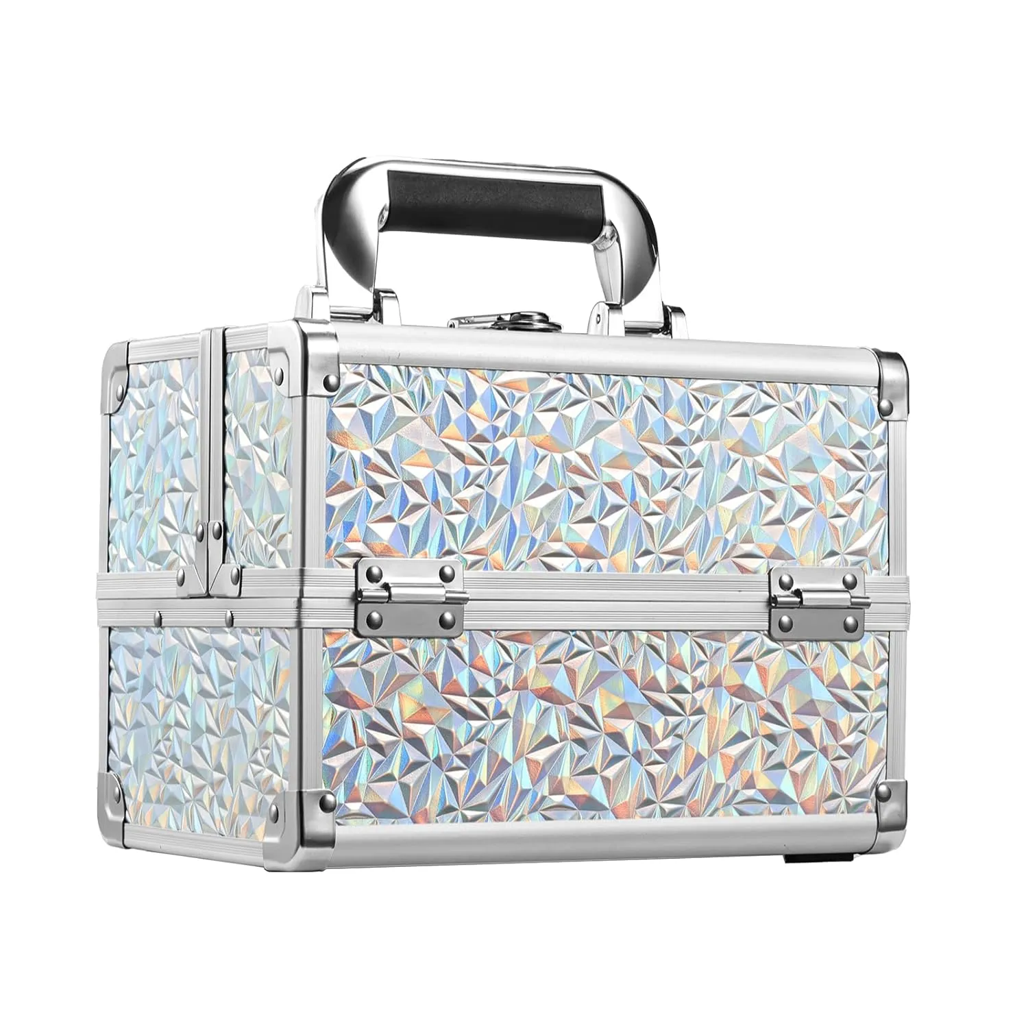 FRENESSA Makeup Train Case Cosmetic Box Organizer Portable Makeup Box with Mirror 2 Trays Lockable Make up Travel Storage Case for Cosmetics Nail Kits Sewing Tools Storage Shiny Silver