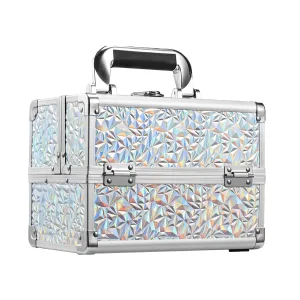 FRENESSA Makeup Train Case Cosmetic Box Organizer Portable Makeup Box with Mirror 2 Trays Lockable Make up Travel Storage Case for Cosmetics Nail Kits Sewing Tools Storage Shiny Silver