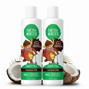 Fresh Monster 2-in-1 Kids Shampoo & Conditioner, Toxin-Free, Hypoallergenic, Tear-free Shampoo & Conditioner for Kids, Coconut (2 Pack, 8.5oz/each)