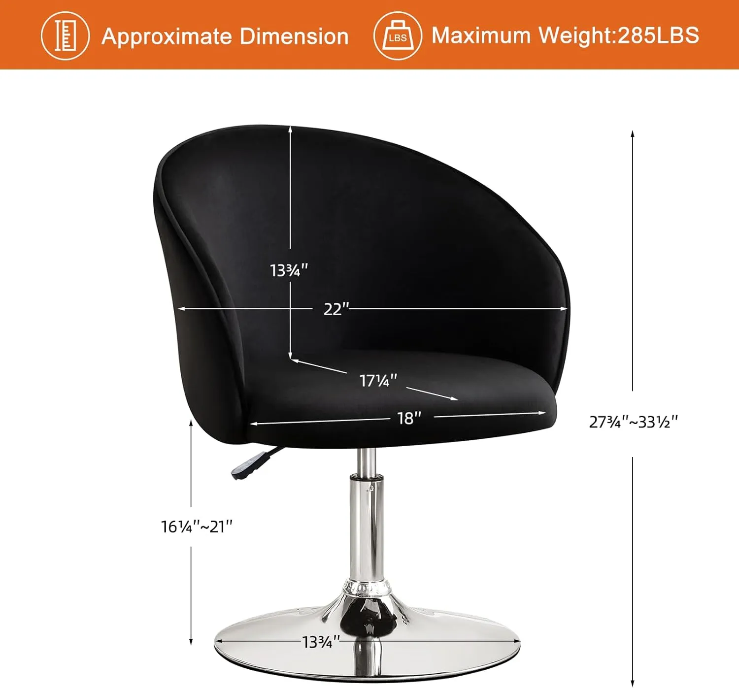 Furniliving Makeup Vanity Chair, Flexible Round-Back Accent Chair with Plated Frame, Height Adjustable Swivel Chairs for Living Room Charming Chair Lounge Pub Bar (Black)