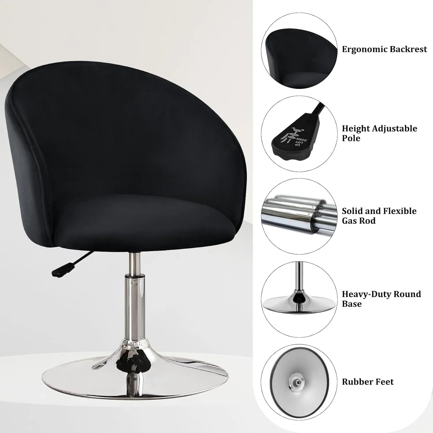 Furniliving Makeup Vanity Chair, Flexible Round-Back Accent Chair with Plated Frame, Height Adjustable Swivel Chairs for Living Room Charming Chair Lounge Pub Bar (Black)