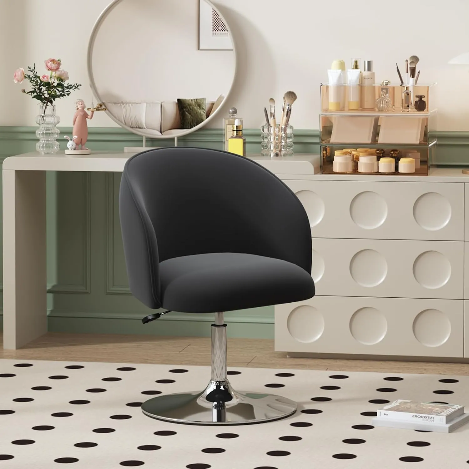 Furniliving Makeup Vanity Chair, Flexible Round-Back Accent Chair with Plated Frame, Height Adjustable Swivel Chairs for Living Room Charming Chair Lounge Pub Bar (Black)