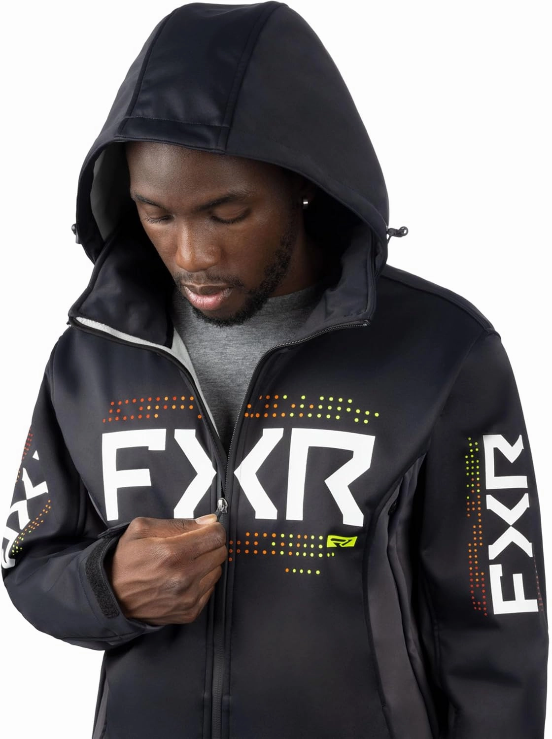 FXR Mens Helium Softshell Jacket HydrX Adjustable Hood/Hem Pockets Black/Inferno