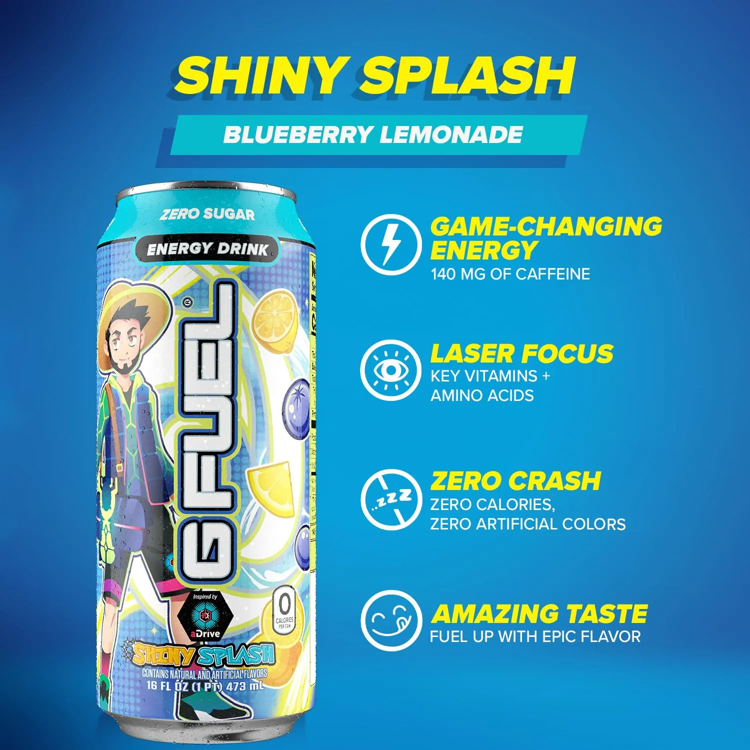 G Fuel Energy Drink, Blueberry Lemonade, Sugar Free Beverage with 140mg Caffeine, Daily Energy Boost with Focus Amino, Vitamin   Antioxidants, 16 oz Cans (aDrive, 12-Pack)