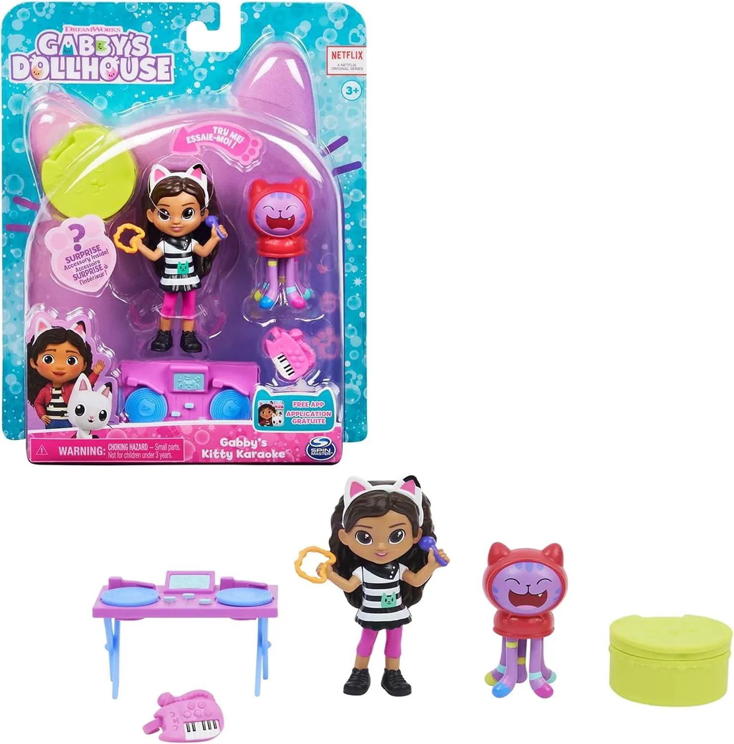 Gabby's Dollhouse 6062027-1 Gabby‘s Dollhouse, Kitty Karaoke Set mit 2 Spielzeugfiguren, 2 Zubehörteilen, Überraschungsbox und Möbelstück, Kinderspielzeug