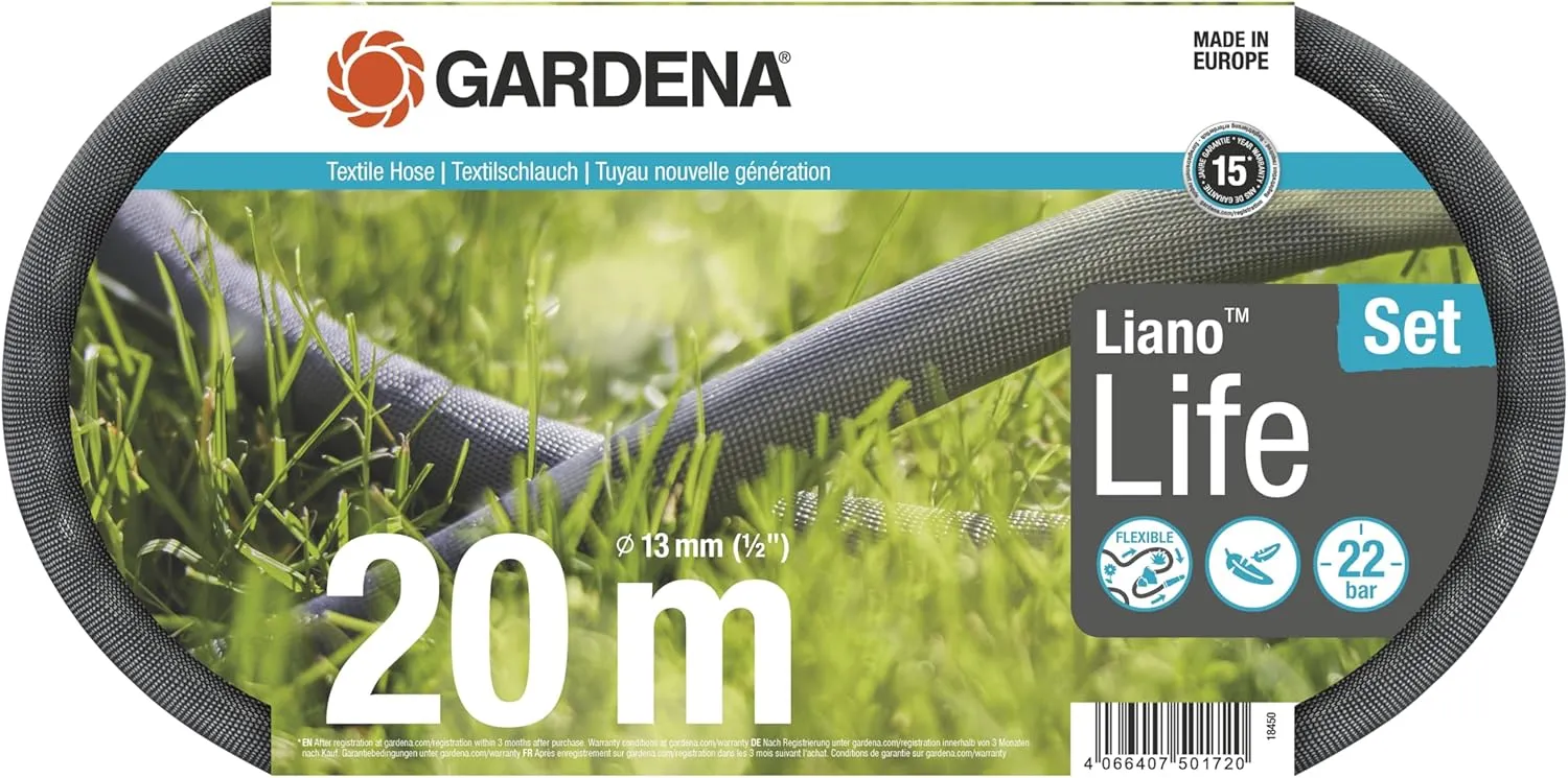 Gardena Liano Life Textile Hose 1/2 inch, 20m: Highly flexible textile garden hose, with PVC inner tube, no kinking, lightweight, weather-resistant (18450-20)