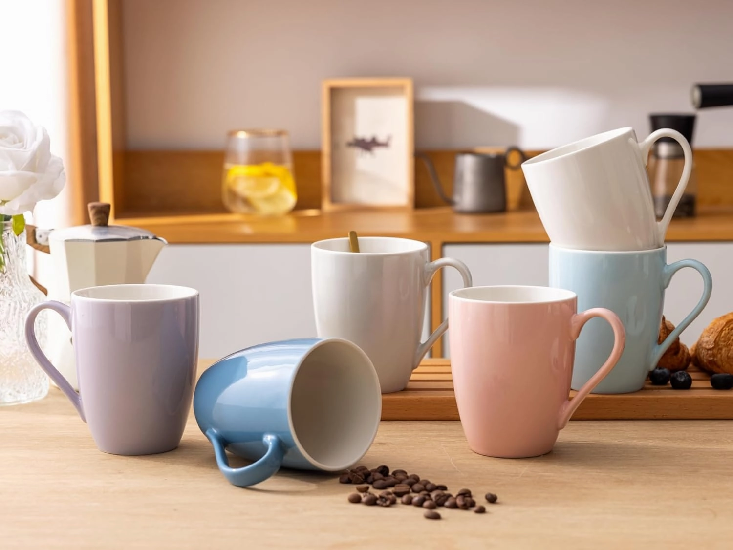 GBHOME 16 oz Large Porcelain Coffee Mugs Set of 6, Light Weight Ceramic Coffee Cups Set for Cappuccino,Latte,Cocoa, Dishwasher & Microwave Safe, Multi-Color