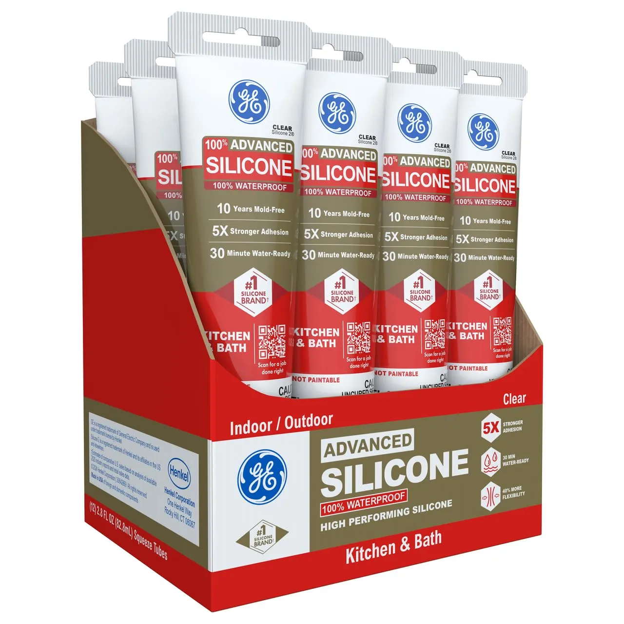 GE Advanced Silicone Caulk for Kitchen & Bathroom - 100% Waterproof Silicone Sealant, 5X Stronger Adhesion, Shrink & Crack Proof - 2.8 fl oz Tube, Clear, 12 Pack