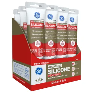 GE Advanced Silicone Caulk for Kitchen & Bathroom - 100% Waterproof Silicone Sealant, 5X Stronger Adhesion, Shrink & Crack Proof - 2.8 fl oz Tube, Clear, 12 Pack