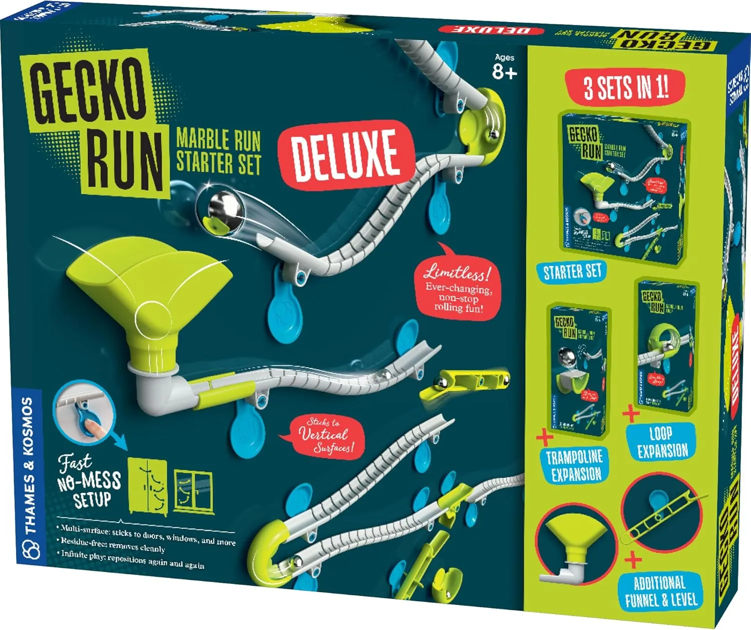 Gecko Run Marble Run Deluxe Starter Set by Thames & Kosmos – Vertical Marble Run w/Flexible Tracks, Loop & Trampoline Tricks, Fast, No-Mess Setup, Residue-Free Nano-Adhesive Pads for Creative Play