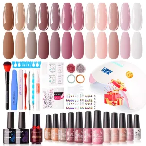 Gellen Gel Nail Polish Kit, 12 Colors Nudes Pink Browns Gel Polish Starter Kit - with 72W UV/LED Nail Lamp & Nail Base Coat & Glossy & Matte Top Coat Salon Manicure Set