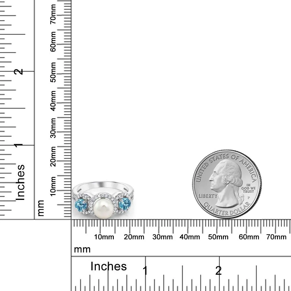 Gem Stone King 1.46 Cttw Cultured Freshwater Pearl and Swiss Blue Topaz Ring For Women | 925 Sterling Silver | Gemstone Birthstone | Available In Size 5, 6, 7, 8, 9