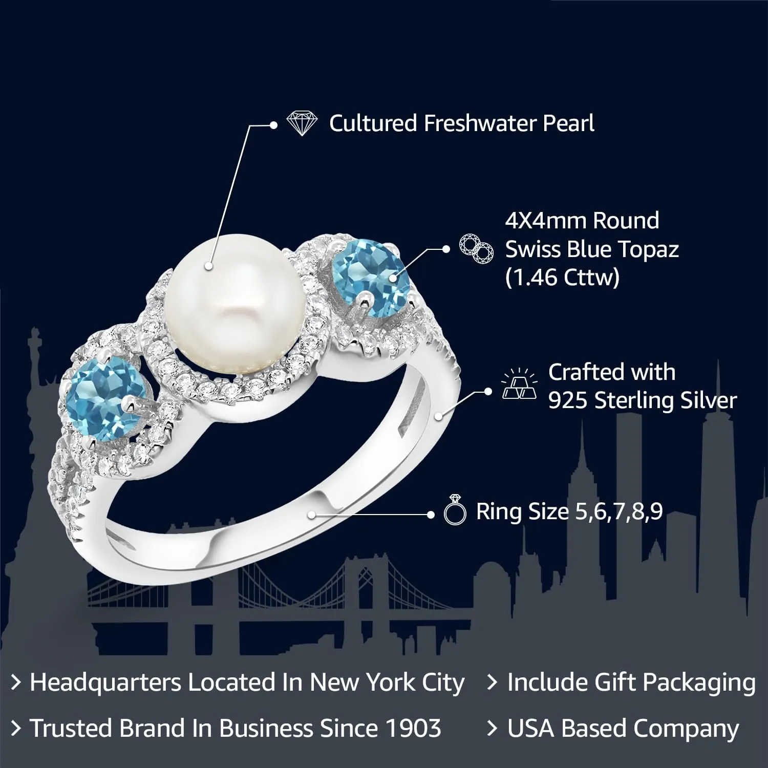 Gem Stone King 1.46 Cttw Cultured Freshwater Pearl and Swiss Blue Topaz Ring For Women | 925 Sterling Silver | Gemstone Birthstone | Available In Size 5, 6, 7, 8, 9