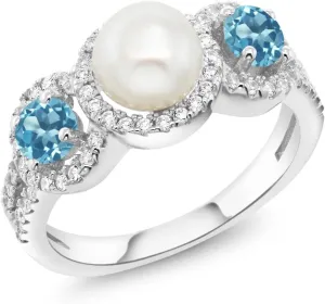 Gem Stone King 1.46 Cttw Cultured Freshwater Pearl and Swiss Blue Topaz Ring For Women | 925 Sterling Silver | Gemstone Birthstone | Available In Size 5, 6, 7, 8, 9
