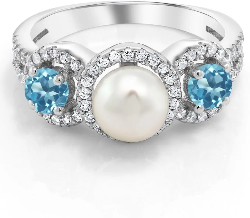 Gem Stone King 1.46 Cttw Cultured Freshwater Pearl and Swiss Blue Topaz Ring For Women | 925 Sterling Silver | Gemstone Birthstone | Available In Size 5, 6, 7, 8, 9