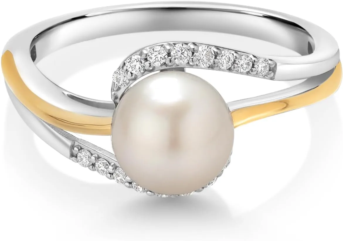 Gem Stone King 7-7.5MM Cultured Freshwater Pearl and Lab Grown Diamond Ring For Women | 925 Sterling Silver and 10K Yellow Gold | Available in Size 5,6,7,8,9 | Fine Jewelry Gifts for Her Mom Wife