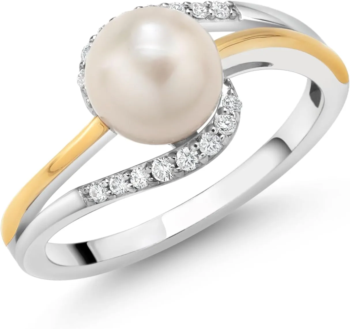Gem Stone King 7-7.5MM Cultured Freshwater Pearl and Lab Grown Diamond Ring For Women | 925 Sterling Silver and 10K Yellow Gold | Available in Size 5,6,7,8,9 | Fine Jewelry Gifts for Her Mom Wife