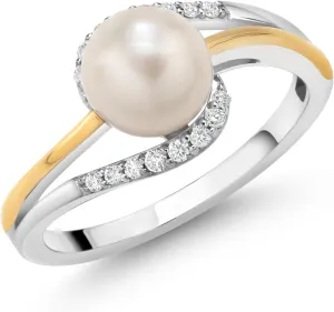 Gem Stone King 7-7.5MM Cultured Freshwater Pearl and Lab Grown Diamond Ring For Women | 925 Sterling Silver and 10K Yellow Gold | Available in Size 5,6,7,8,9 | Fine Jewelry Gifts for Her Mom Wife