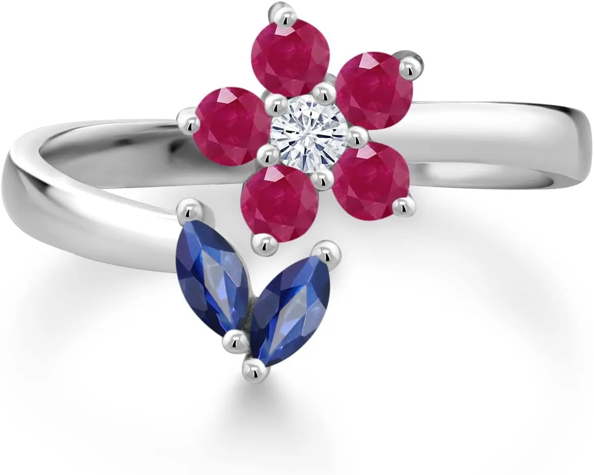 Gem Stone King 925 Sterling Silver Blue Sapphire Red Ruby and White Moissanite Flower Open Ring For Women (0.56 Cttw, Gemstone September Birthstone, Available In Size 5, 6, 7, 8, 9)