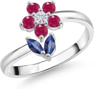 Gem Stone King 925 Sterling Silver Blue Sapphire Red Ruby and White Moissanite Flower Open Ring For Women (0.56 Cttw, Gemstone September Birthstone, Available In Size 5, 6, 7, 8, 9)