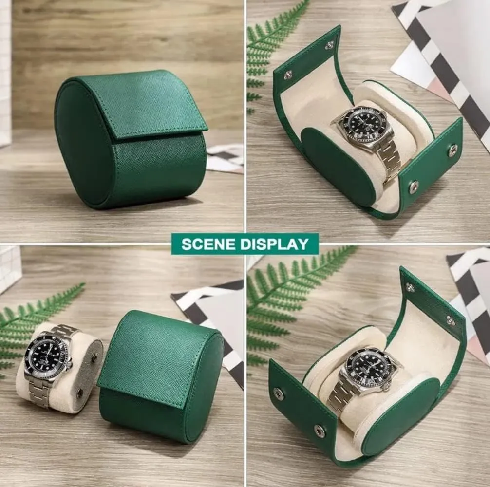 Genuine Leather Watch Case for Men Women - Single Leather Storage Holder - Compact Watch Carrying Case Organizer with Soft Interior for Storage and Display (Green)