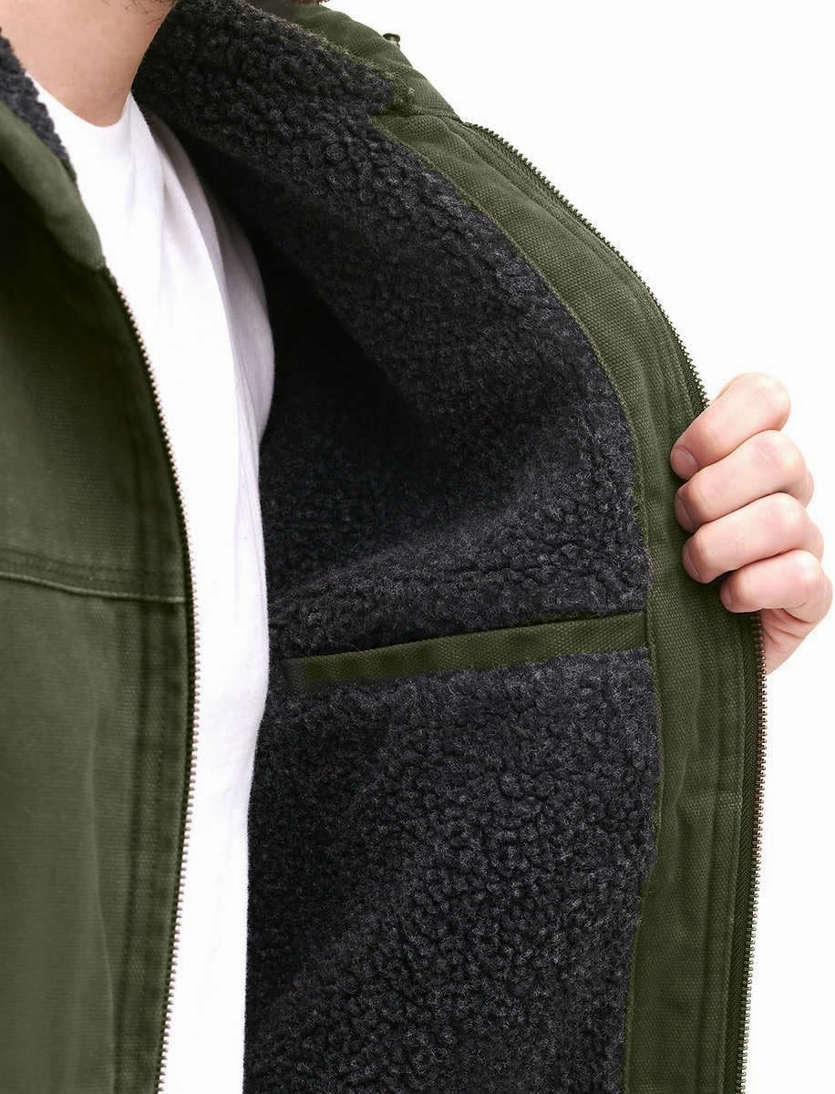 GH Bass Men's Cotton Canvas Bomber with Buffalo Plaid Flannel Sherpa Hood