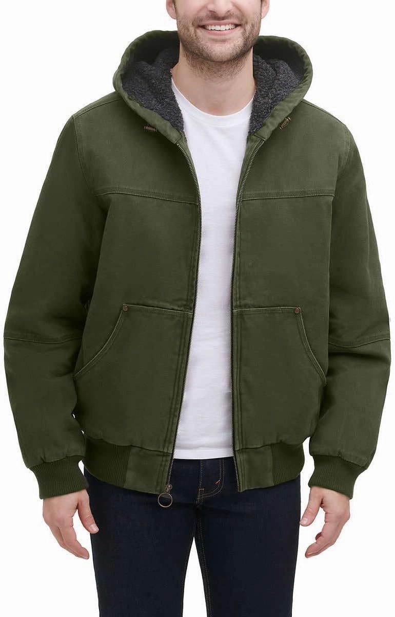 GH Bass Men's Cotton Canvas Bomber with Buffalo Plaid Flannel Sherpa Hood