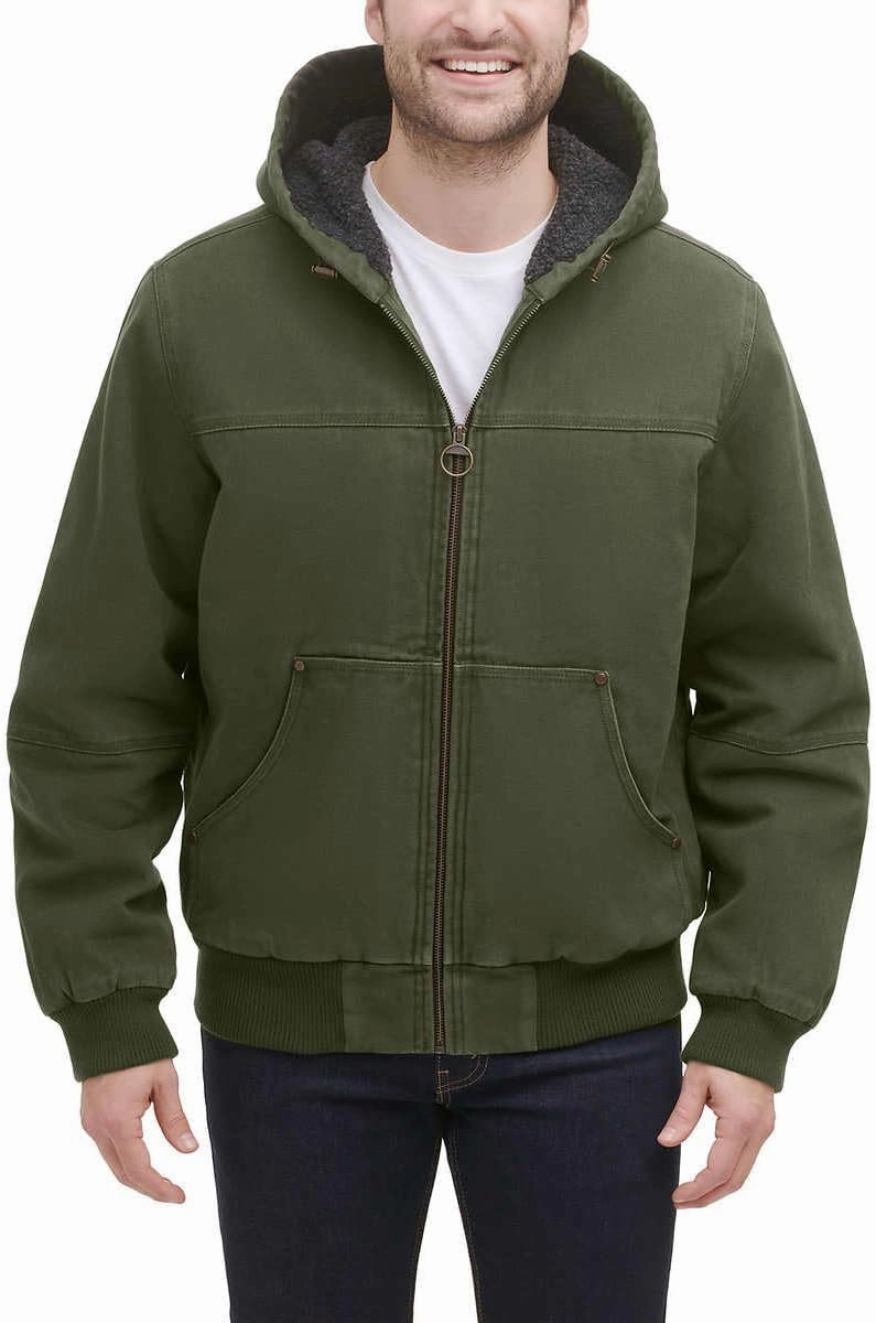GH Bass Men's Cotton Canvas Bomber with Buffalo Plaid Flannel Sherpa Hood