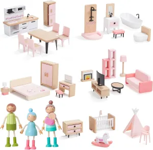 Giant bean 36pcs Wooden Dollhouse Furniture Set with Dolls for 5 Rooms, Wood & Plastic Pink Dollhouse Accessories Pretend Play Furniture Toy Christmas Birthday Gift Toy for Kids Boys Girls Toddler 3 