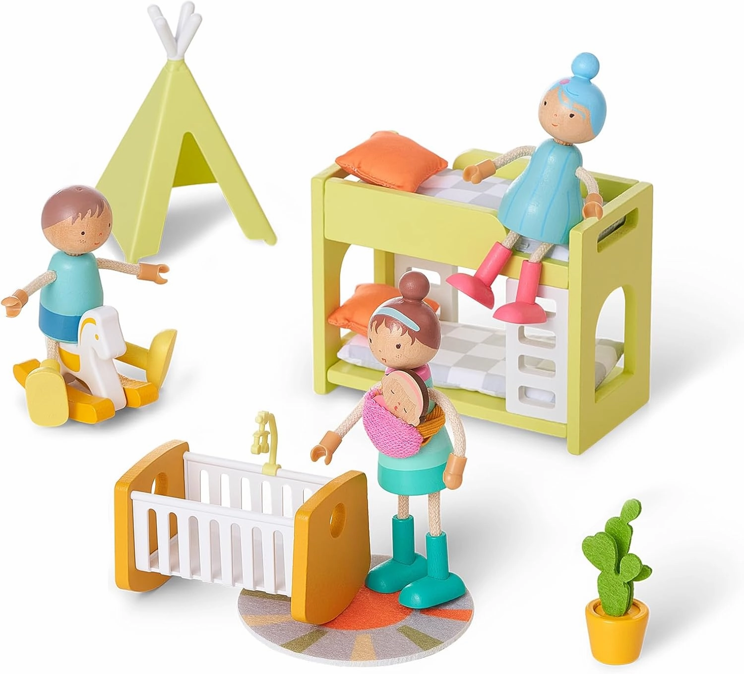 Giant bean Wooden Family Dolls Set of 7 for Dollhouse, Dollhouse People Miniature Dollhouse Accessories Toy for Boys Girls Kids Pretend Play 3 Years up