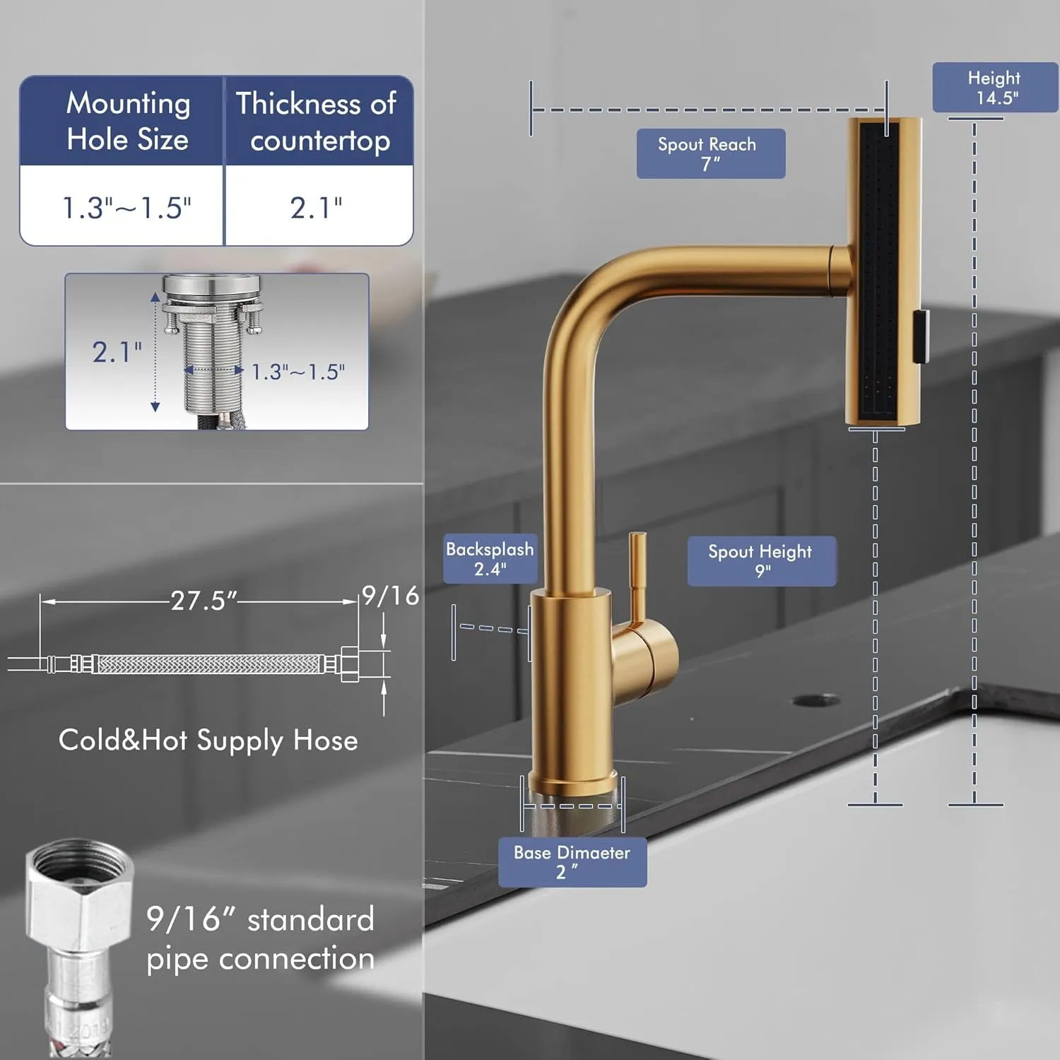 GIMILI Gold Waterfall Kitchen Faucet with Pull Down Sprayer Single Hole Handle Kitchen Sink Faucets Commercial Modern Faucets for Pull Down Sprayer Kitchen Sinks