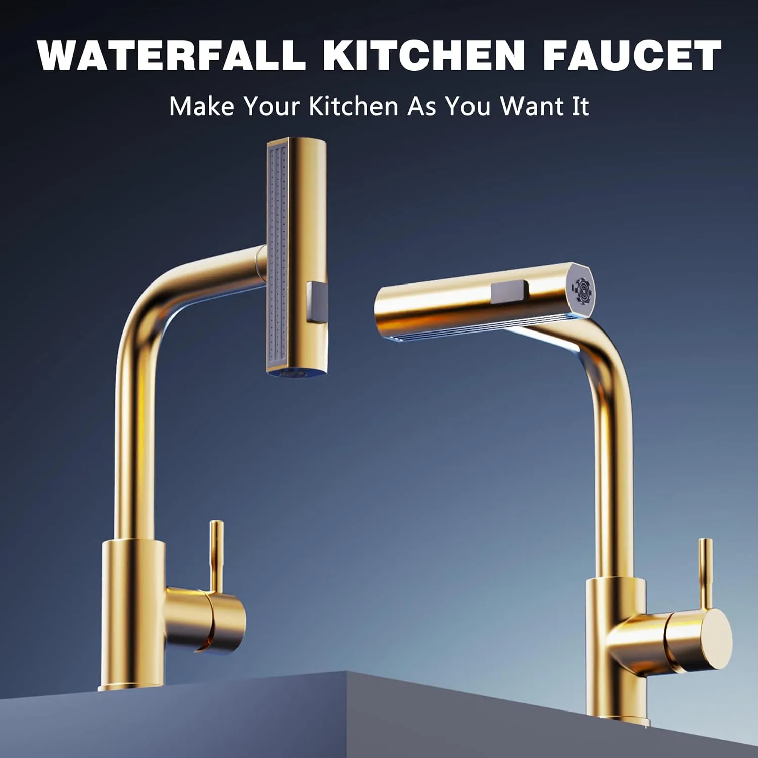 GIMILI Gold Waterfall Kitchen Faucet with Pull Down Sprayer Single Hole Handle Kitchen Sink Faucets Commercial Modern Faucets for Pull Down Sprayer Kitchen Sinks