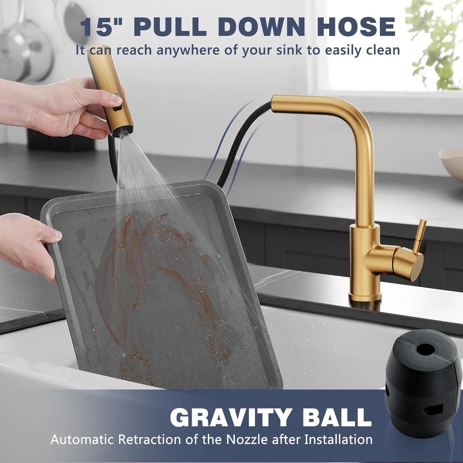GIMILI Gold Waterfall Kitchen Faucet with Pull Down Sprayer Single Hole Handle Kitchen Sink Faucets Commercial Modern Faucets for Pull Down Sprayer Kitchen Sinks
