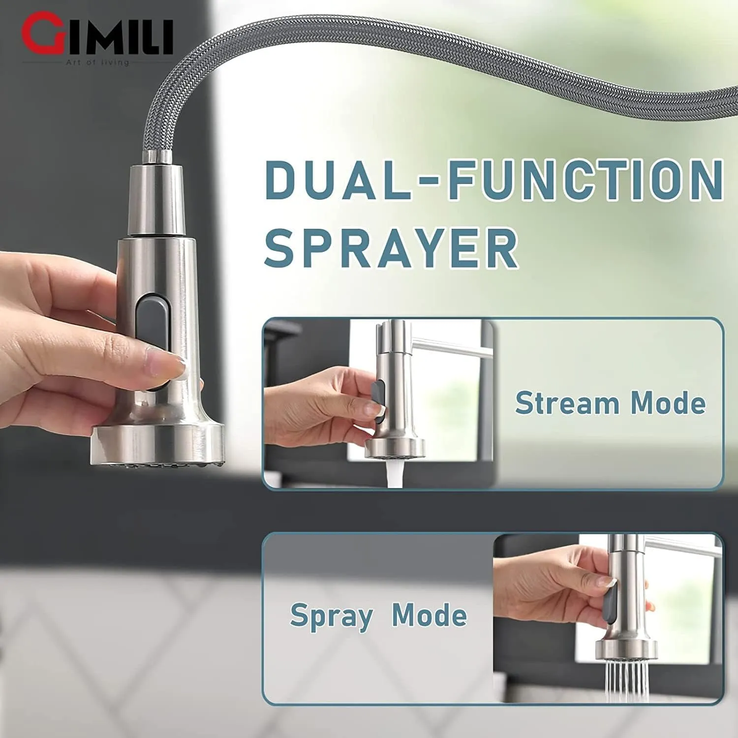 GIMILI Kitchen Faucet with Soap Dispenser, Commercial Single Handle Spring Brushed Nickel Pull Out Kitchen Sink Faucets with Pull Down Sprayer