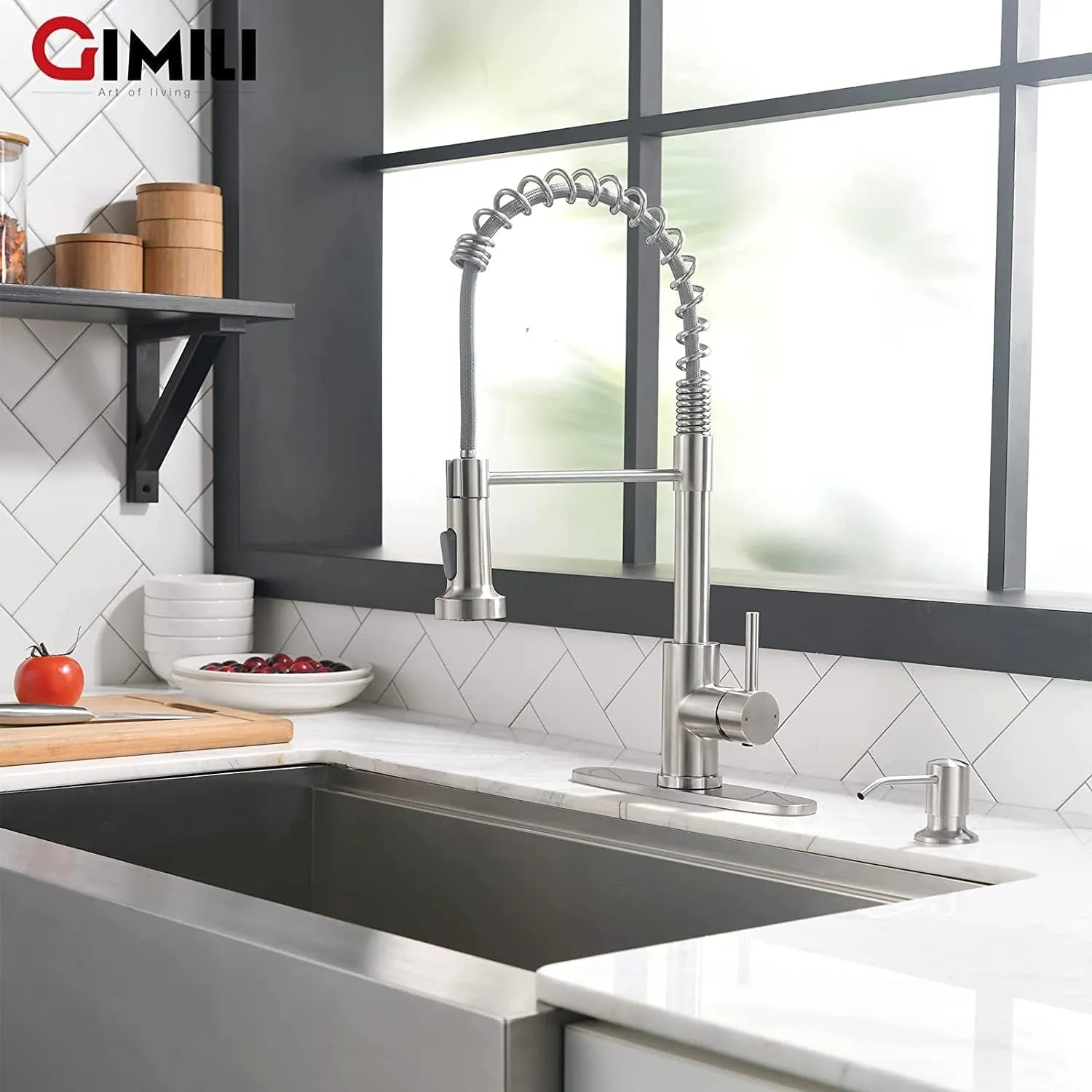 GIMILI Kitchen Faucet with Soap Dispenser, Commercial Single Handle Spring Brushed Nickel Pull Out Kitchen Sink Faucets with Pull Down Sprayer