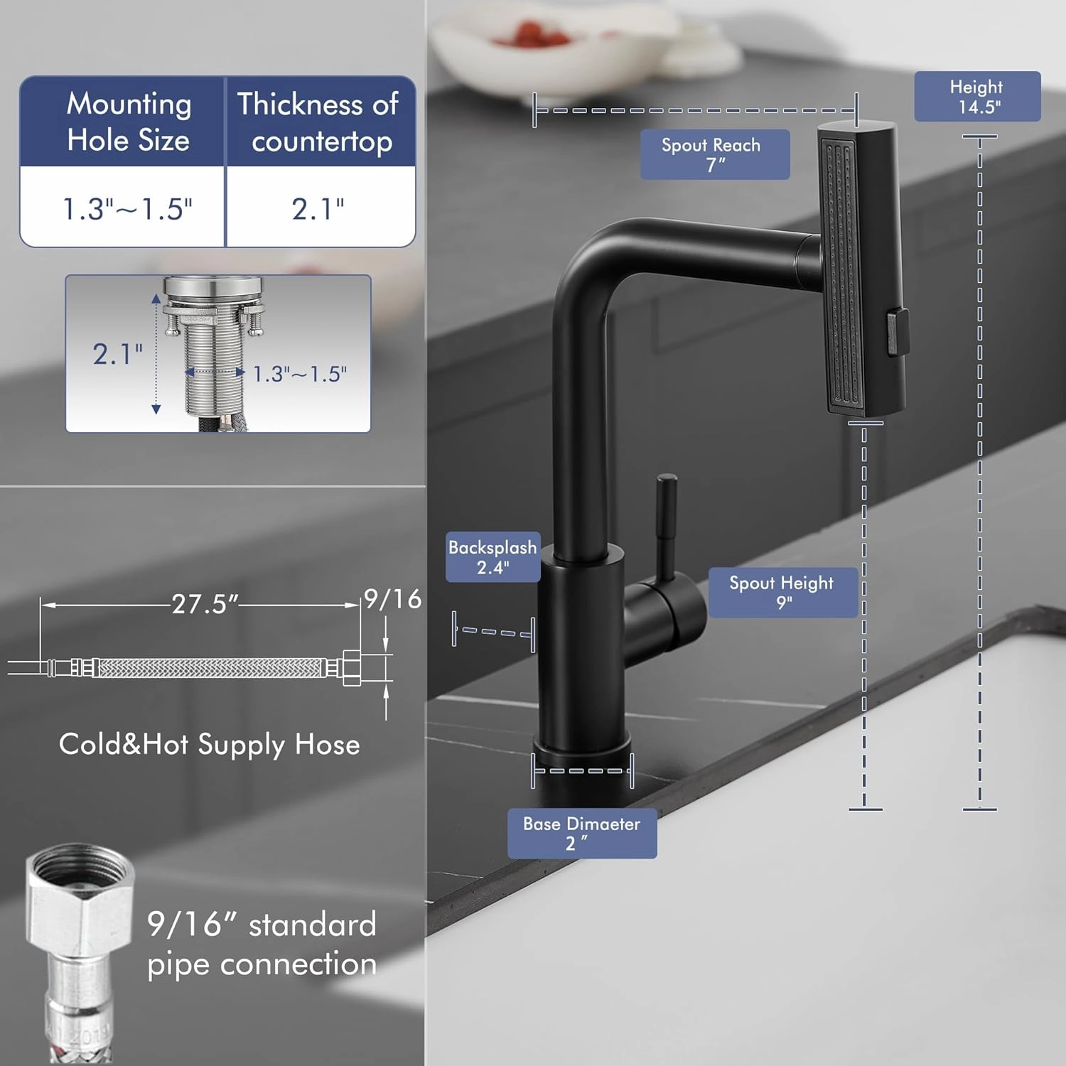 GIMILI Matte Black Waterfall Kitchen Faucet with Pull Down Sprayer Single Hole Handle Kitchen Sink Faucets Commercial Modern Faucets for Pull Down Sprayer Kitchen Sinks