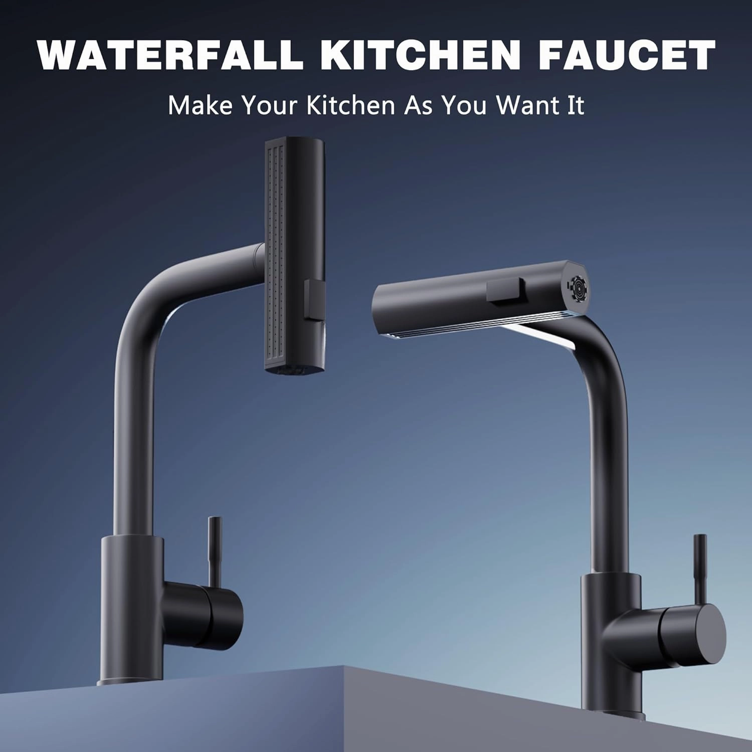 GIMILI Matte Black Waterfall Kitchen Faucet with Pull Down Sprayer Single Hole Handle Kitchen Sink Faucets Commercial Modern Faucets for Pull Down Sprayer Kitchen Sinks