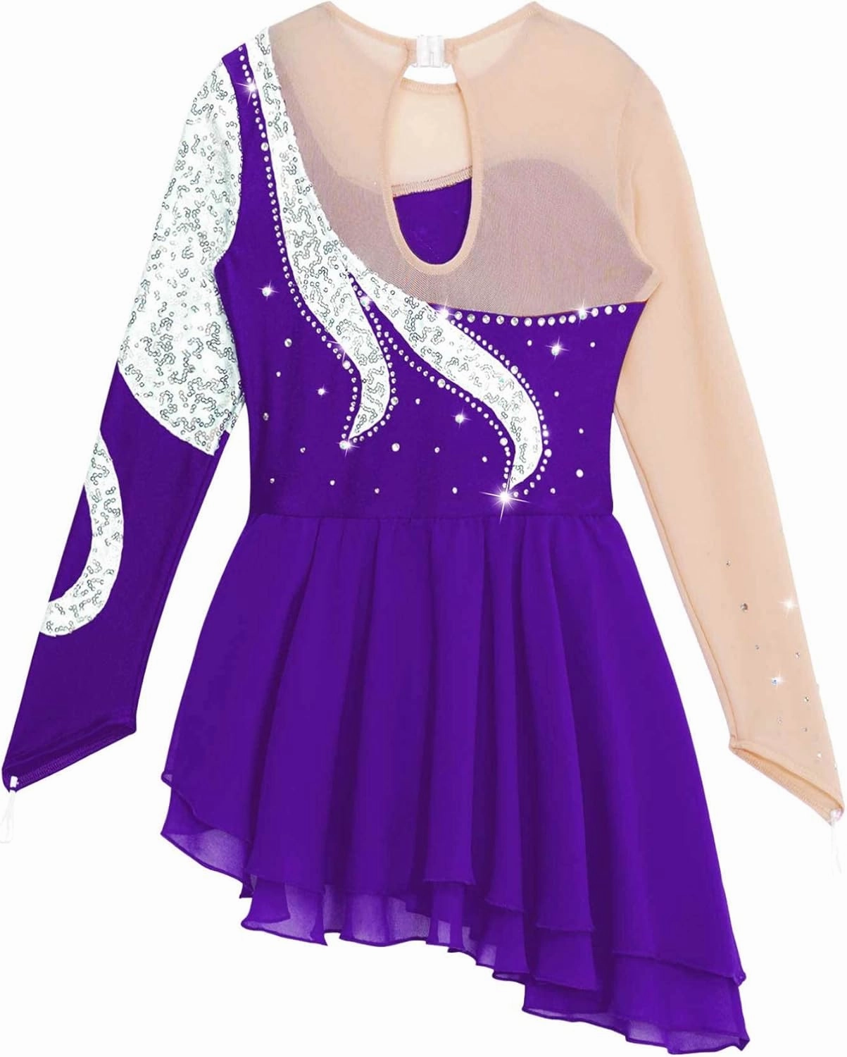 Girls Figure Skating Dress Shiny Sequin Mesh Spliced Long Sleeve Roller Skating Competition Dress Dance Costume