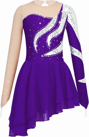 Girls Figure Skating Dress Shiny Sequin Mesh Spliced Long Sleeve Roller Skating Competition Dress Dance Costume