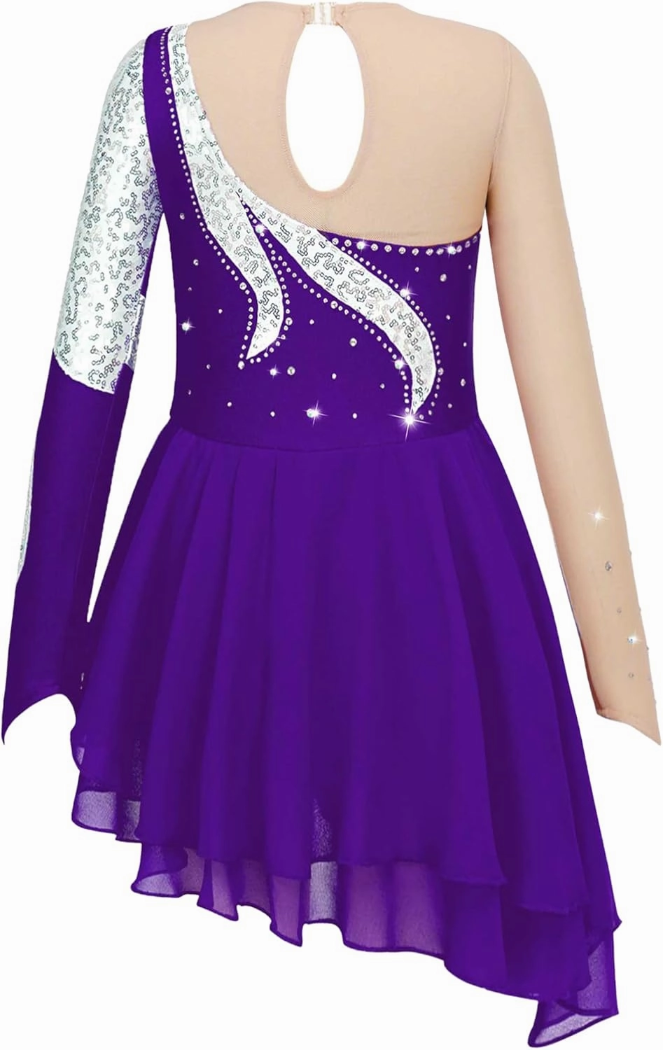 Girls Figure Skating Dress Shiny Sequin Mesh Spliced Long Sleeve Roller Skating Competition Dress Dance Costume