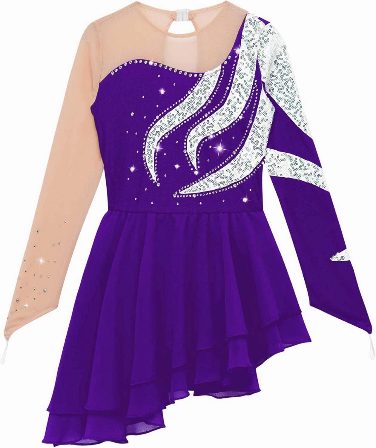 Girls Figure Skating Dress Shiny Sequin Mesh Spliced Long Sleeve Roller Skating Competition Dress Dance Costume