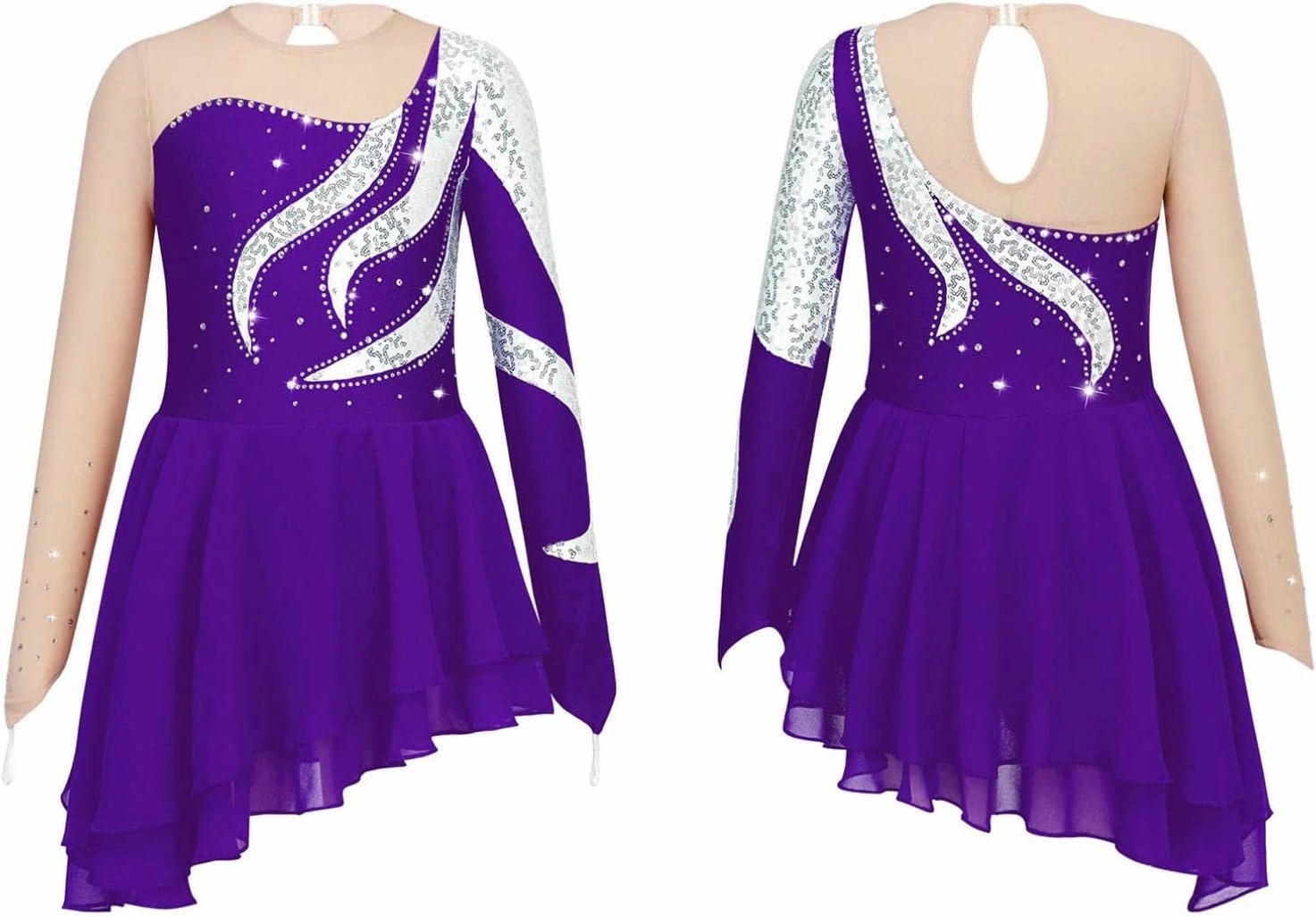 Girls Figure Skating Dress Shiny Sequin Mesh Spliced Long Sleeve Roller Skating Competition Dress Dance Costume
