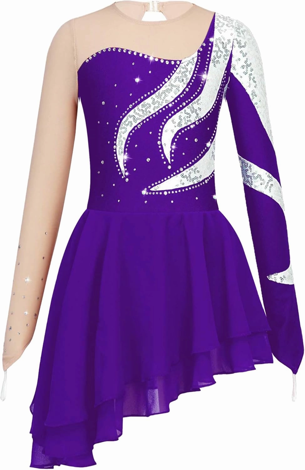 Girls Figure Skating Dress Shiny Sequin Mesh Spliced Long Sleeve Roller Skating Competition Dress Dance Costume