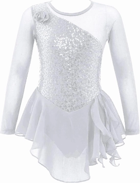 Girls Glittery Mesh Spliced Figure Ice Skating Dress Competition Dance Costumes Leotard Ballet Tutu Skirt White 8 Years