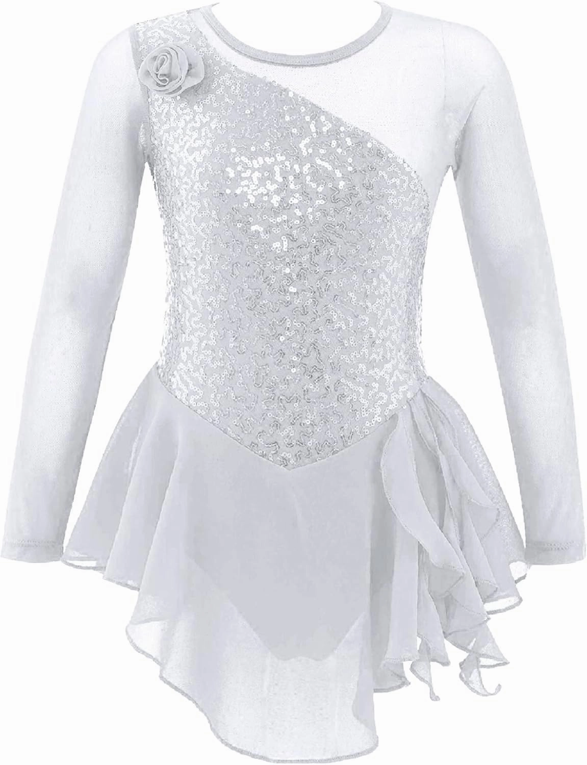Girls Glittery Mesh Spliced Figure Ice Skating Dress Competition Dance Costumes Leotard Ballet Tutu Skirt White 8 Years