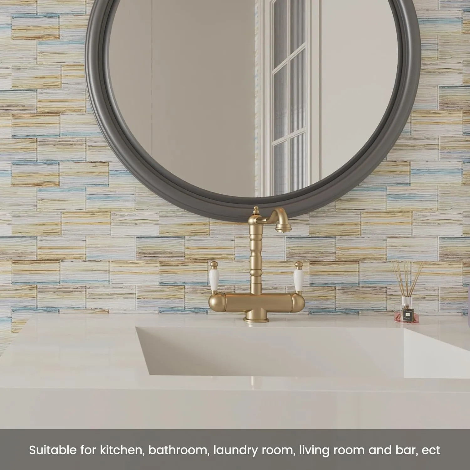Glass Subway Tile 3 x 6 Inch Pack of 40 Yellow Blue for Kitchen Backsplash Bathroom Wall（Desert Oasis,40Pcs）