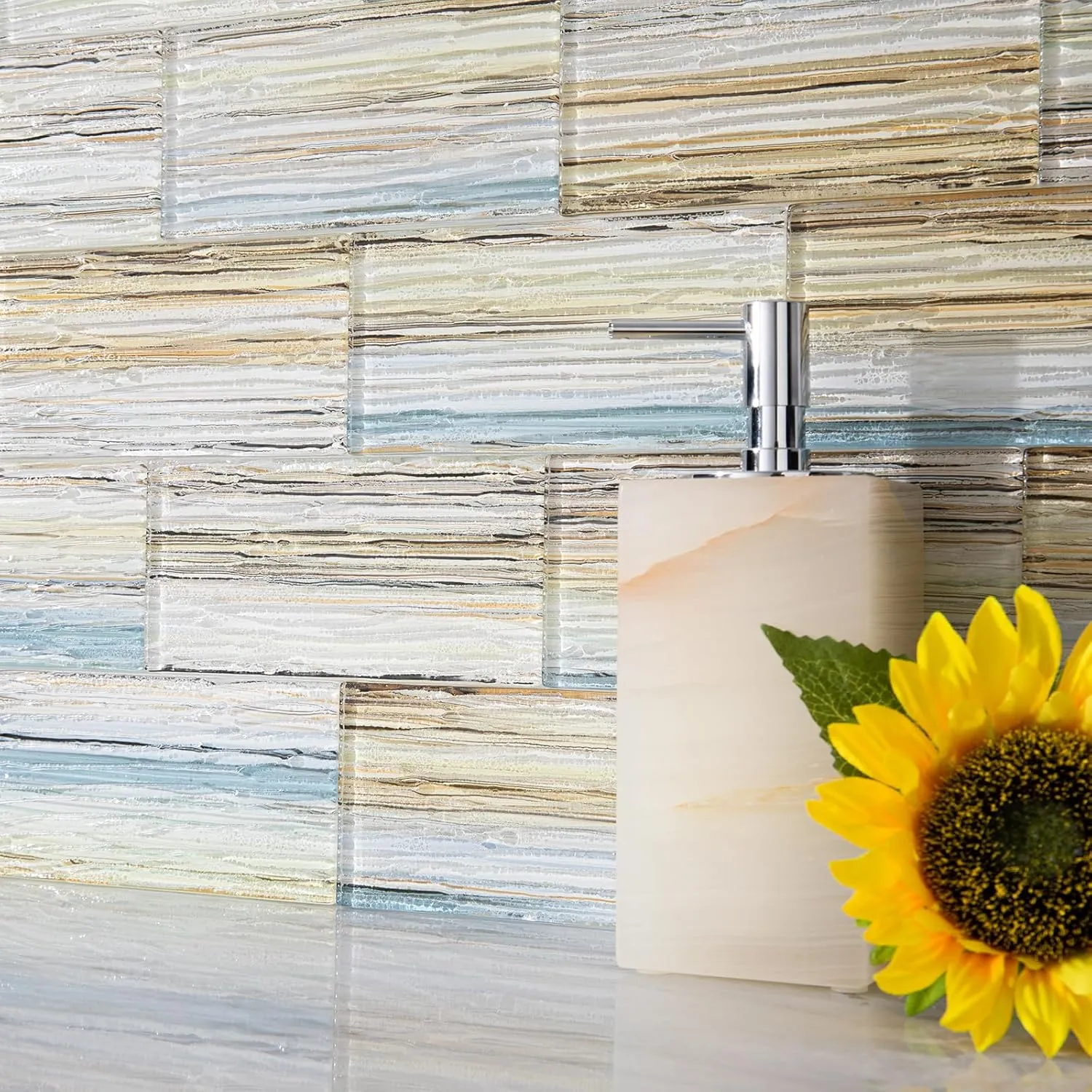 Glass Subway Tile 3 x 6 Inch Pack of 40 Yellow Blue for Kitchen Backsplash Bathroom Wall（Desert Oasis,40Pcs）
