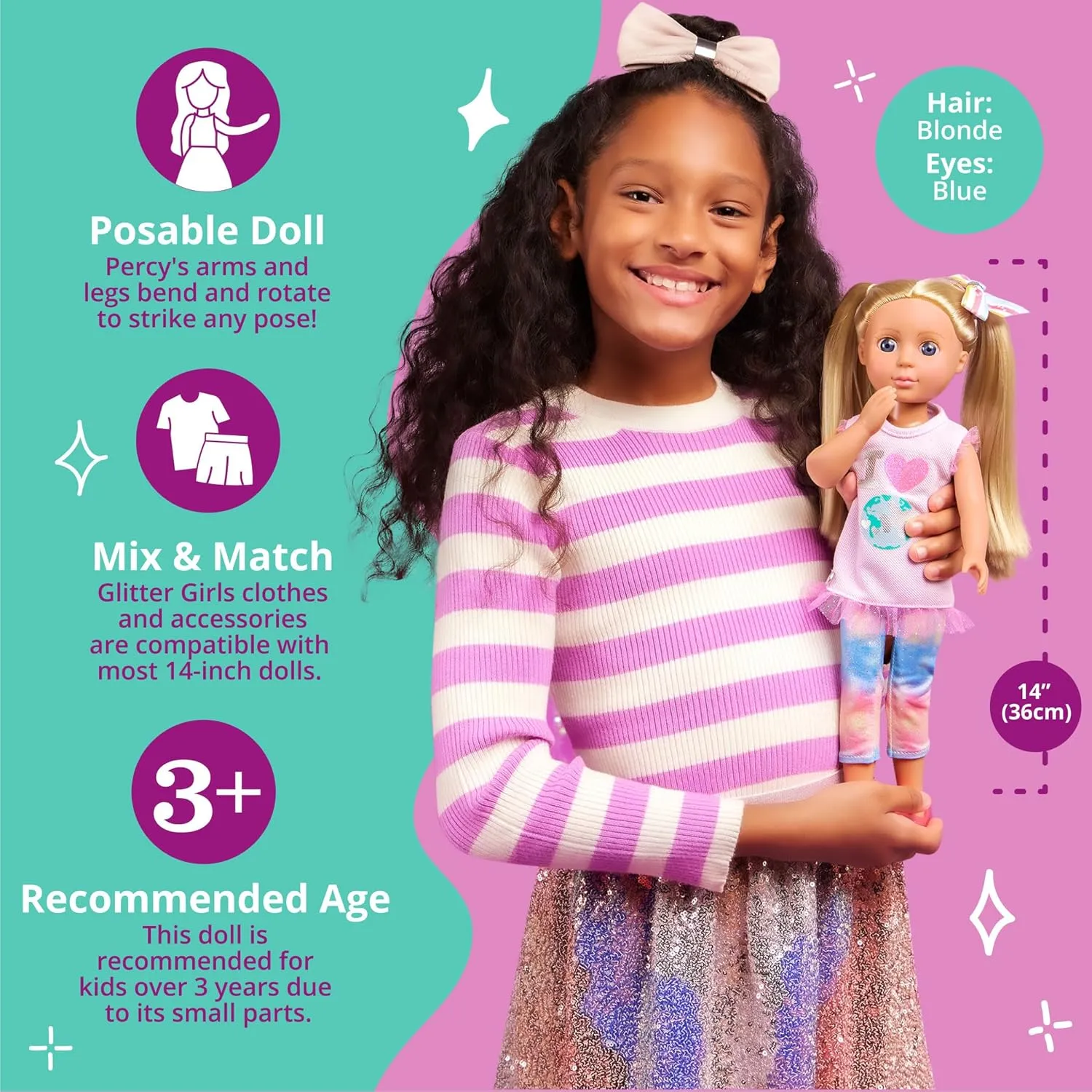 Glitter Girls - Percy14-inch Poseable Fashion Doll with Travel Accessories & Camera - Blonde Hair & Unique Purple Eyes - Dolls for Girls Age 3 & Up