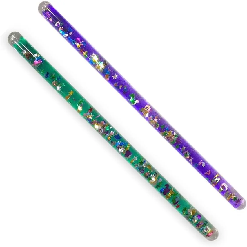 Glitter Wand, Magic Wonder Wand Tube - for Kids, TWO 11" Halloween Costume Accessory Princess Fairy Wizard Pretend Play (Purple, Green)