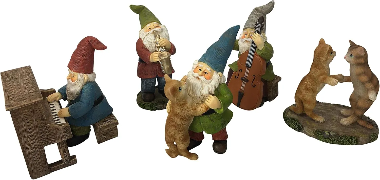 GlitZGlam Happy Miniature Gnomes and Cats Dancing Celebration! - 6-Piece Musical Garden Gnome Set for The Miniature Fairy Garden